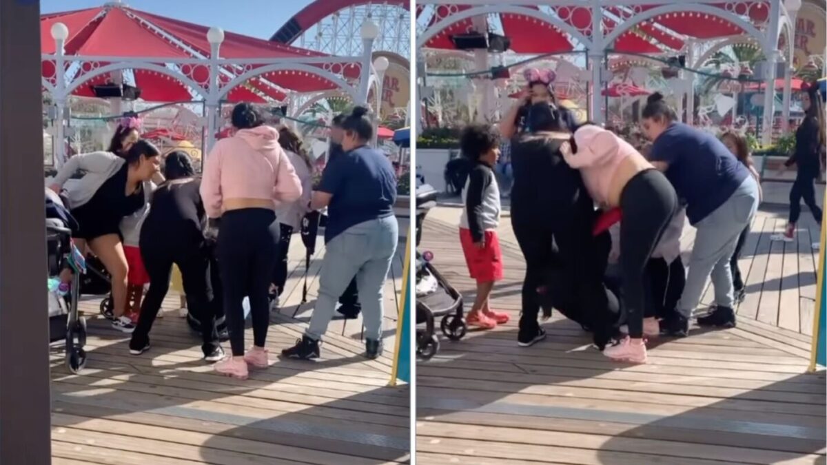 Guests fighting on Pixar Pier