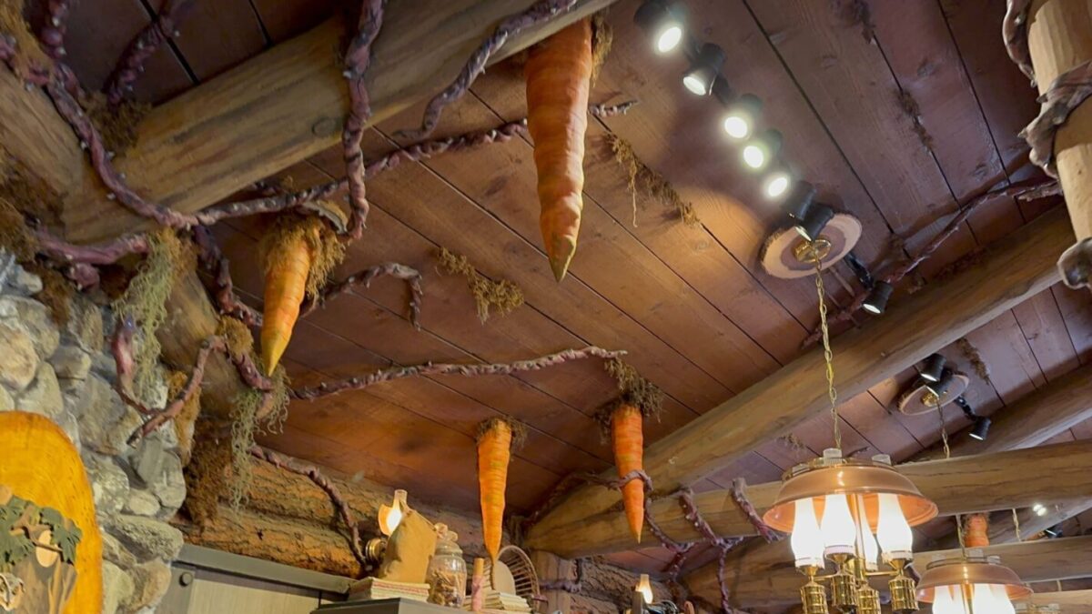 Ceiling of a rustic-themed room adorned with large hanging carrots, intertwined branches, and warm lighting from vintage-style lamps.