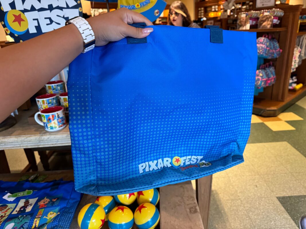 A reporter's hand showing the back of the Pixar Fest tote.