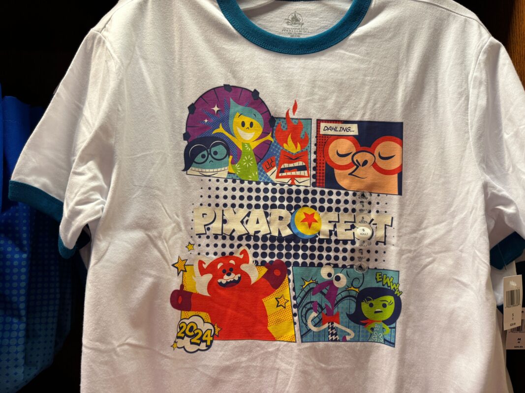 A close-up of the art on the Pixar Fest ringer T-shirt.