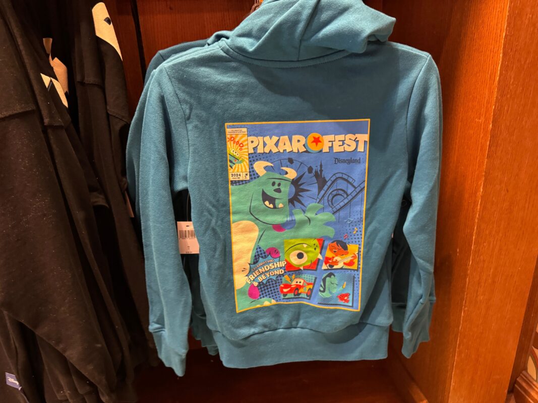 The back of a youth Pixar Fest hoodie hanging on a rack.