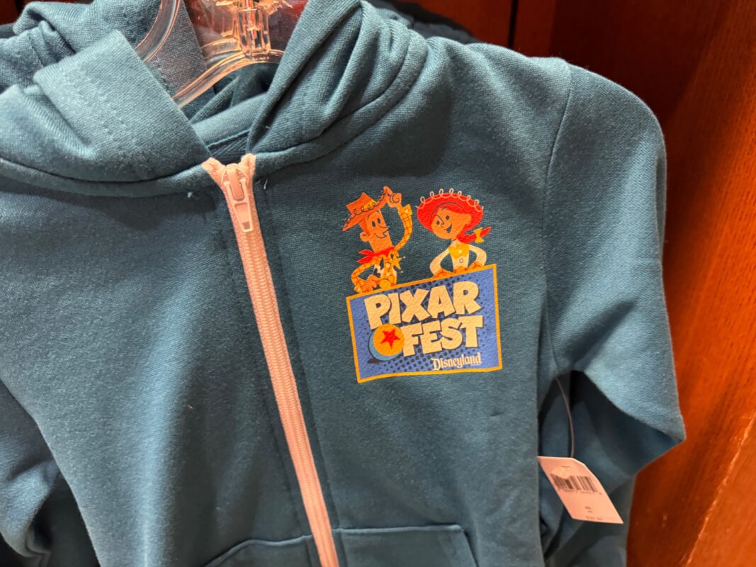 A close-up of the Pixar Fest chest art on the youth zip-up hoodie.