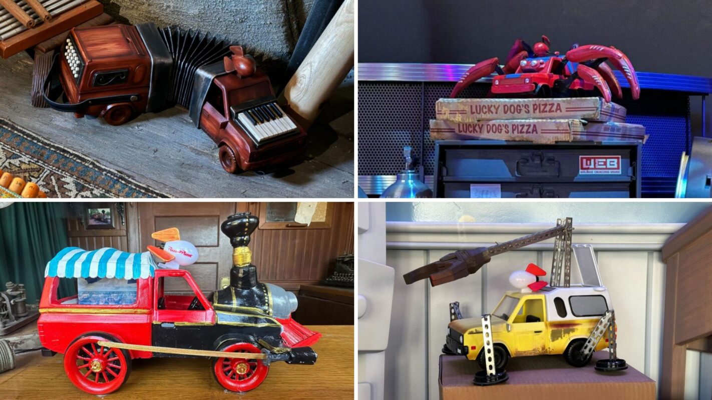 Collage of four toy vehicles: an accordion-style bus, a Pizza Planet truck on a shop roof, a classical train, and a crane lifting a car.
