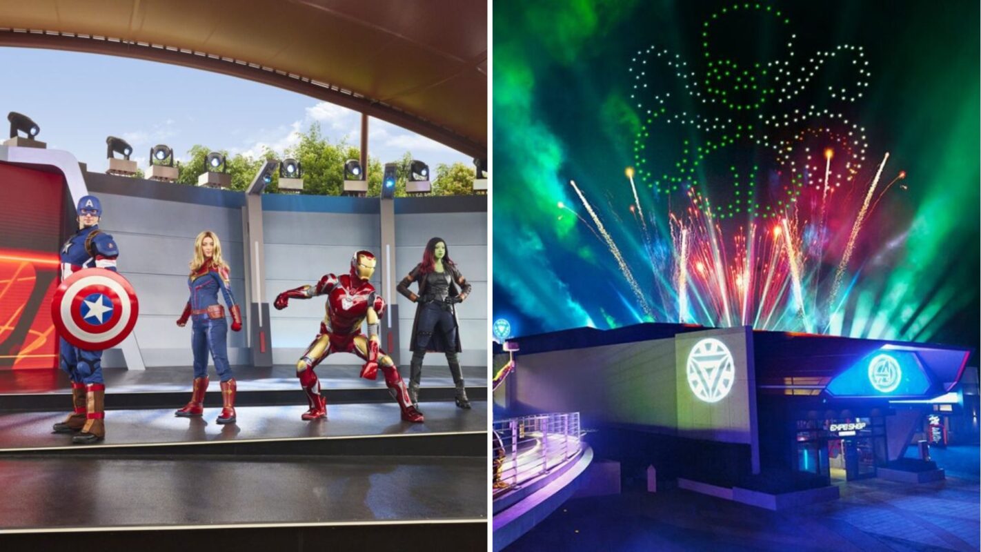 Left: costumed performers as marvel superheroes on a stage. right: drones in Hydra logo shape and neon lights on Avengers building