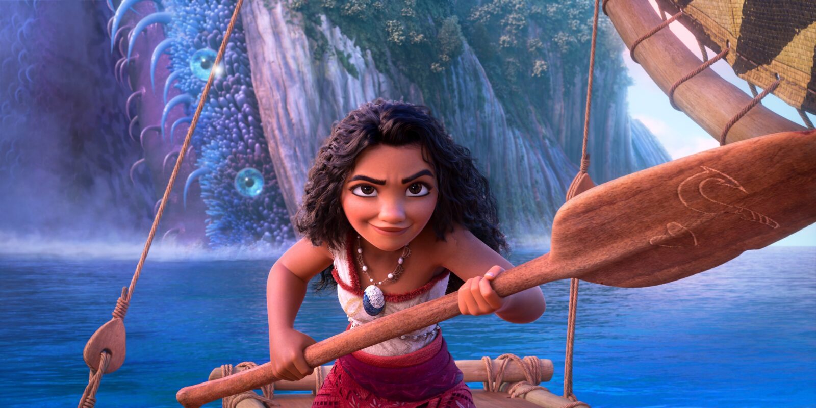 An animated character with curly hair rows a boat with determination, reminiscent of a scene from Moana 2, past a lush island backdrop and a mythical sea creature visible in the distance.