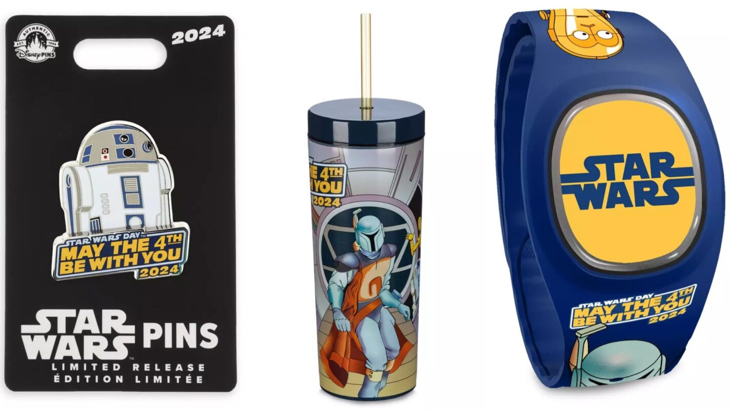 Star Wars Day merchandise: pin, bottle, MagicBand+
