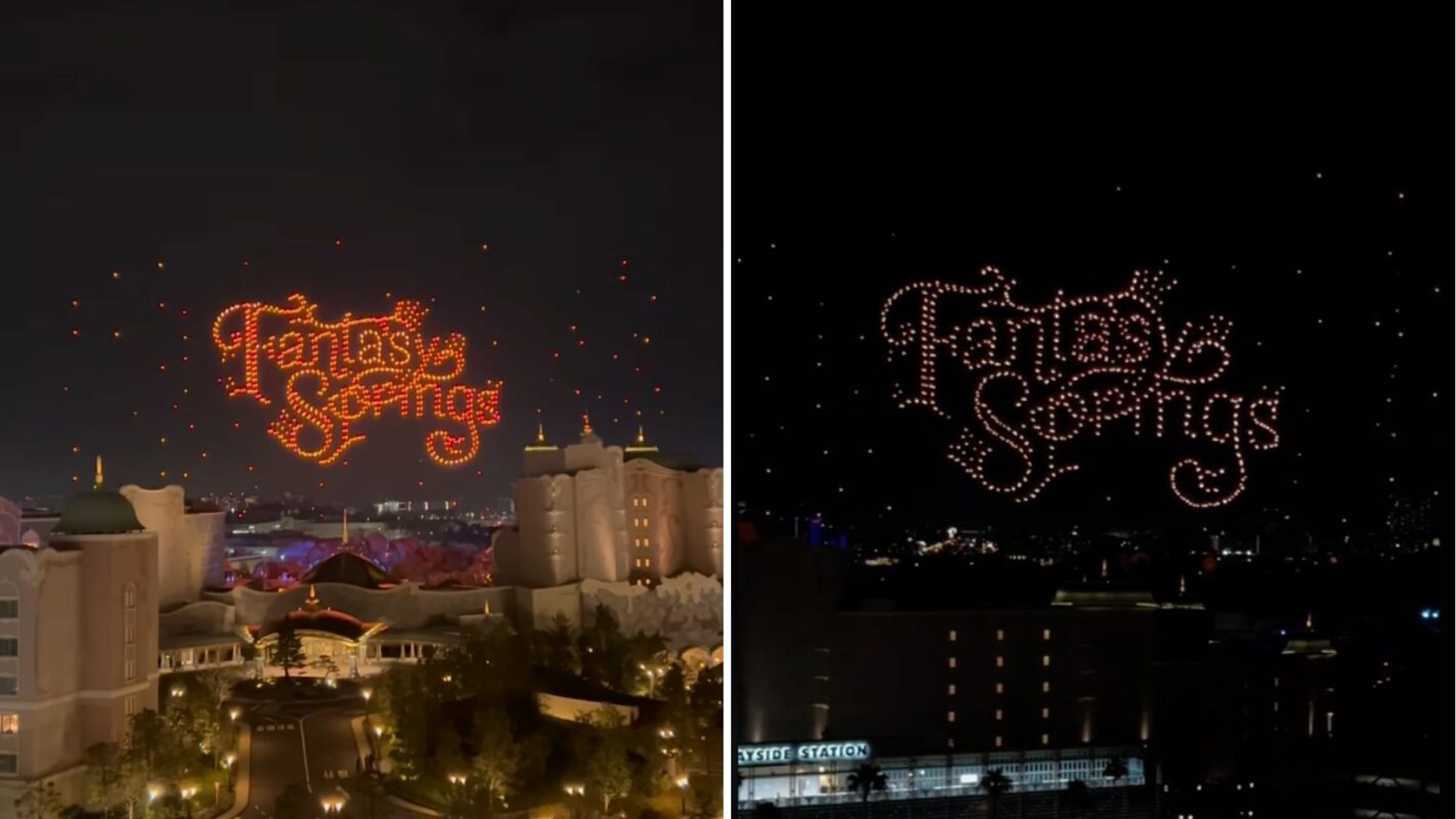 Split image of a drone light show displaying "fantasy springs" in red over a resort by night