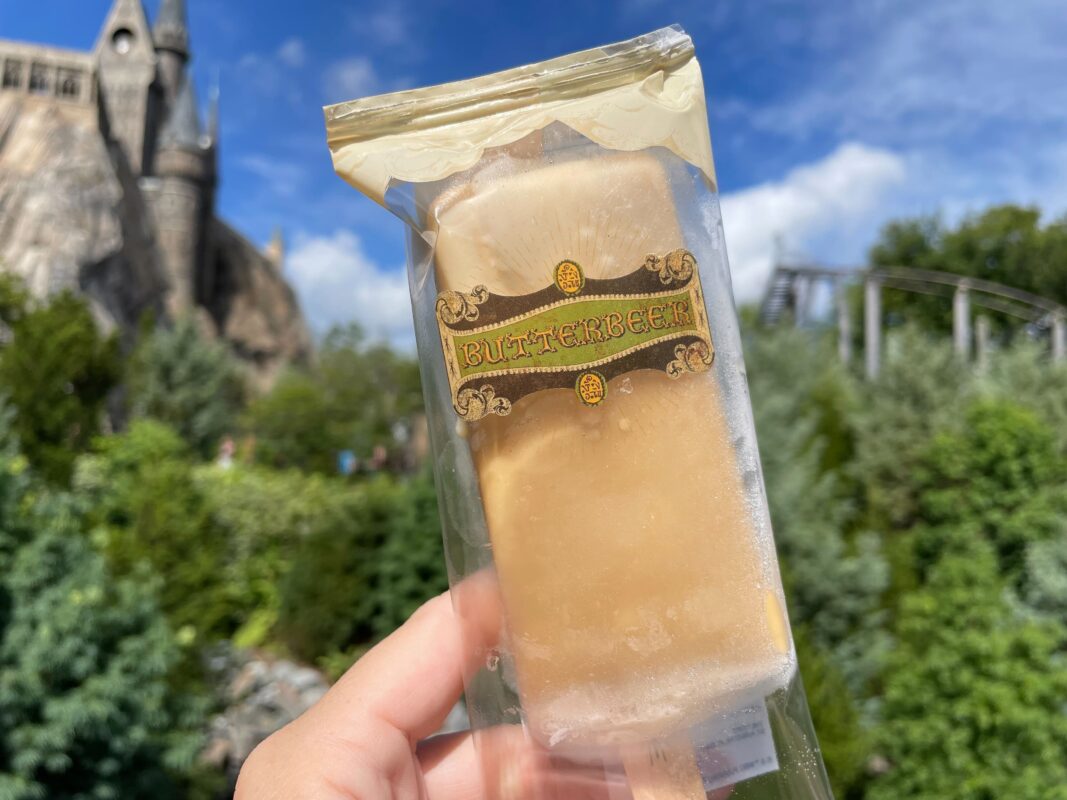 Close up of Butterbeer ice lolly in plastic packaging