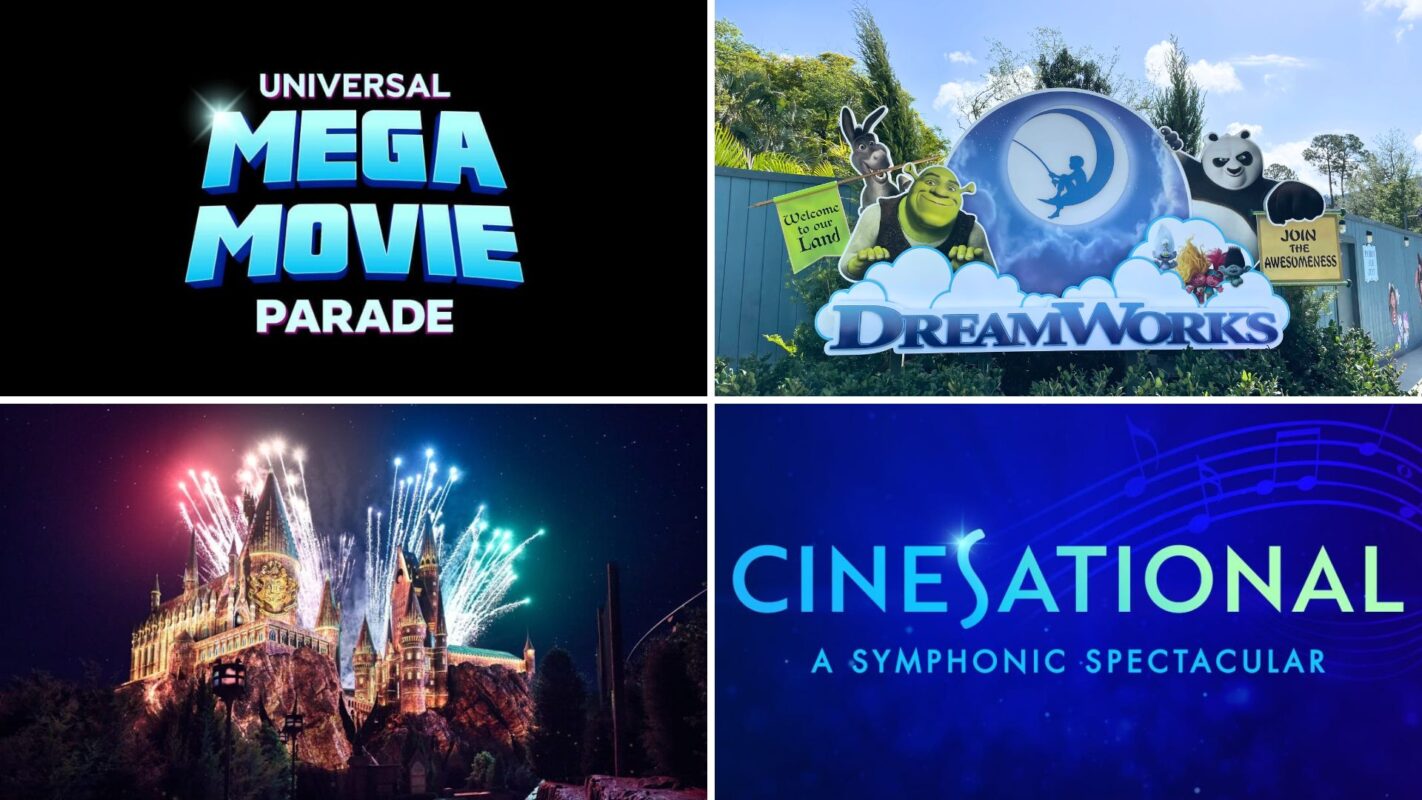 Collage of four entertainment event logos: Universal Orlando mega movie parade, DreamWorks Land sign, a Hogwarts with Projection Show, and cinesational - a symphonic spectacular.