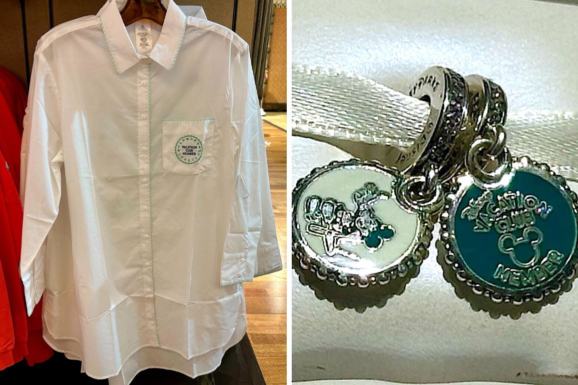 A white dress shirt on a hanger next to a red garment, and a close-up of two DVC pandora charms.