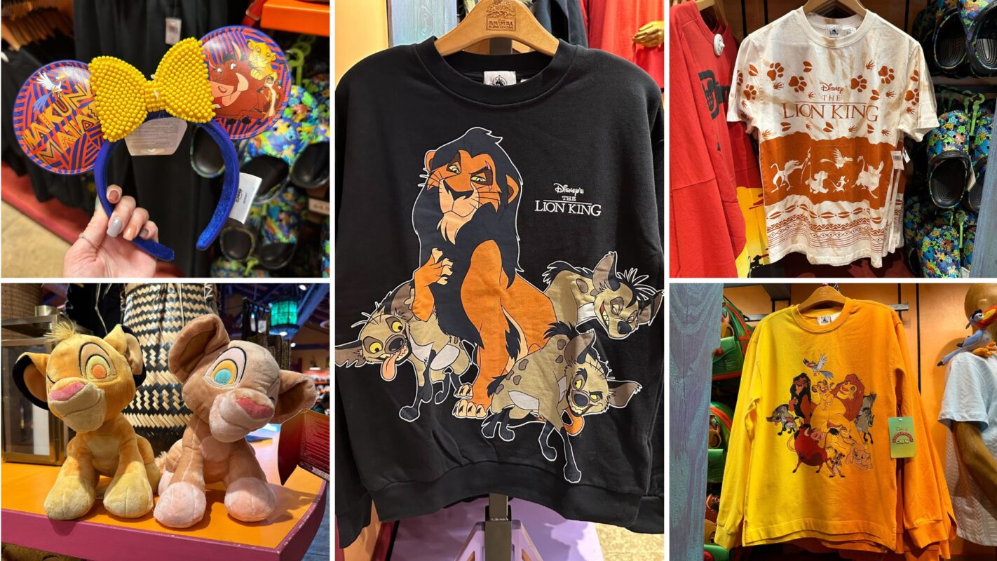 A collage featuring "the lion king" themed merchandise, including a decorated mickey mouse ear headband, various graphic t-shirts, and plush toys.