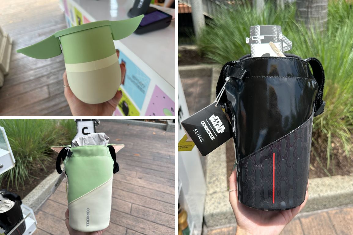 Collage of three images showing a green and beige plant pot designed like a hat and two views of a stylish black sling bag with a subtle pattern and red detail.