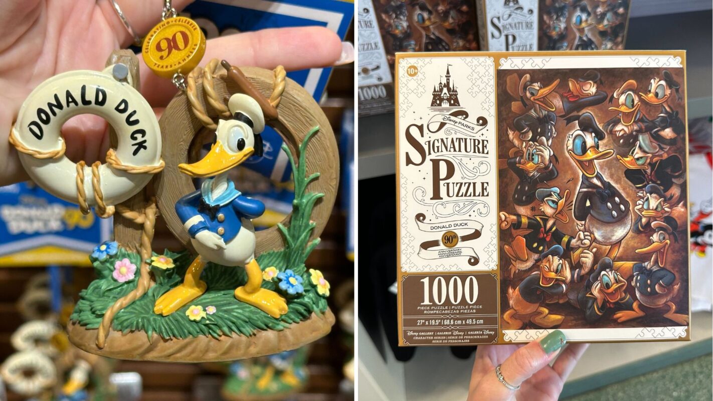 A split image with a donald duck figurine on the left and a donald duck themed 1000-piece puzzle box on the right.