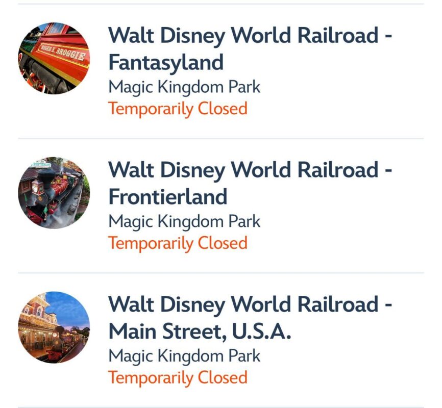 A screenshot of temporarily closed attractions in the My Disney Experience App