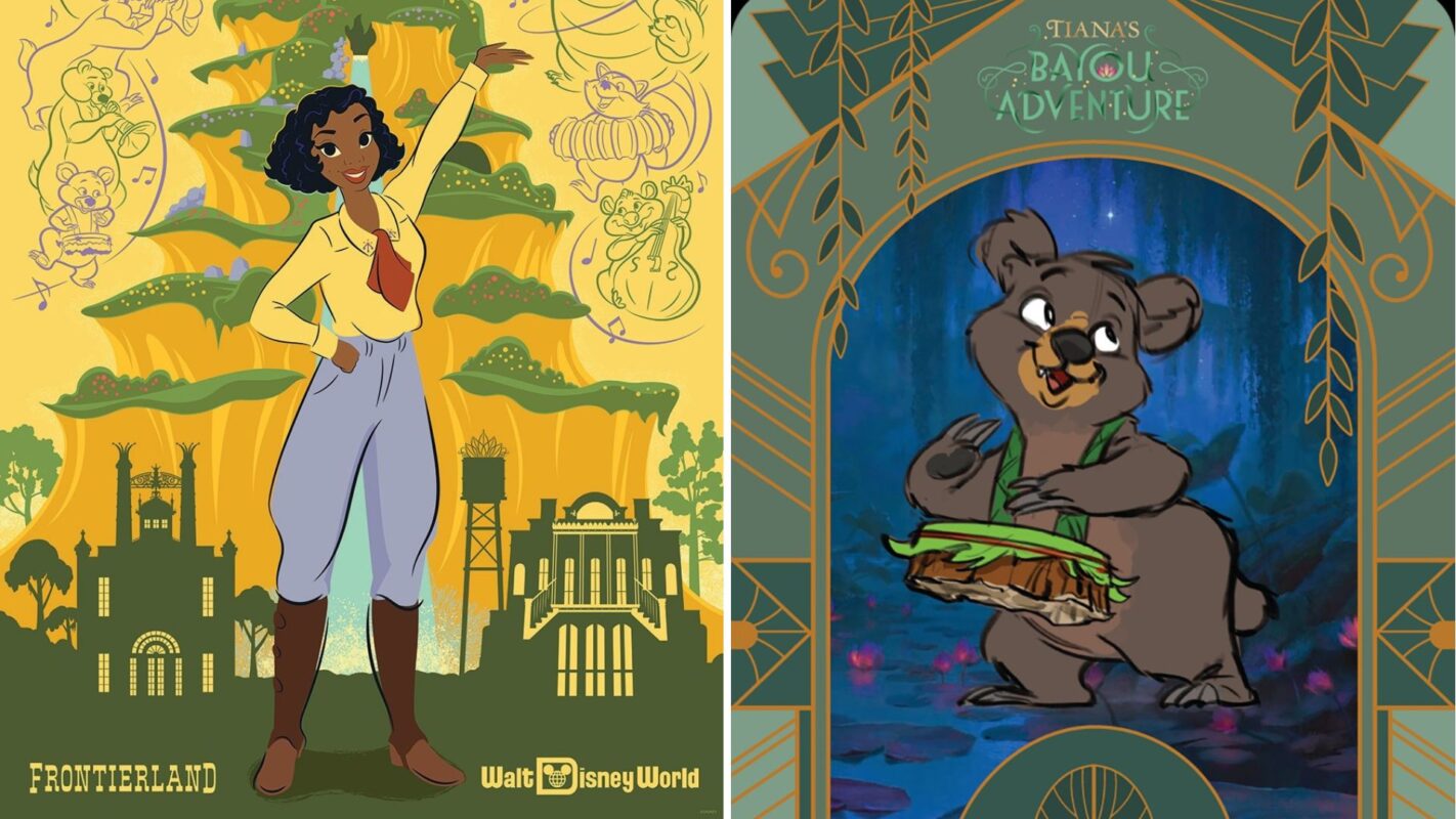 Tiana's Bayou Adventure attraction poster and Sebastián the Louisiana Black Bear trading card