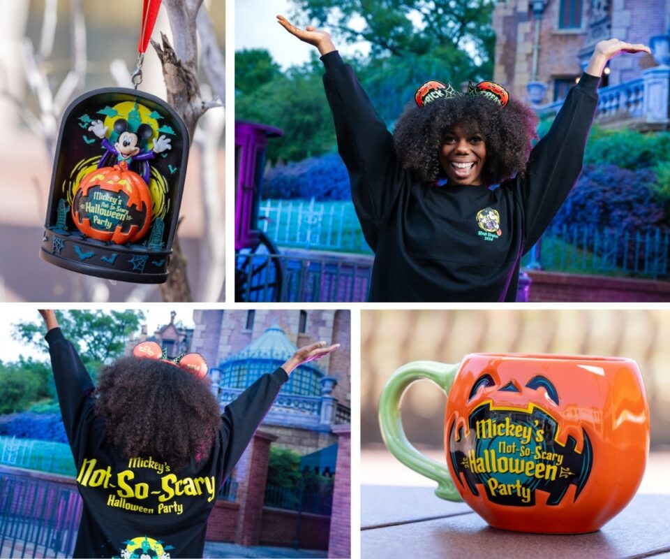Collage of halloween themed items and a woman celebrating: disney halloween backpack, woman with mickey mouse ears, shirt back with event logo, and a mickey mouse halloween mug.