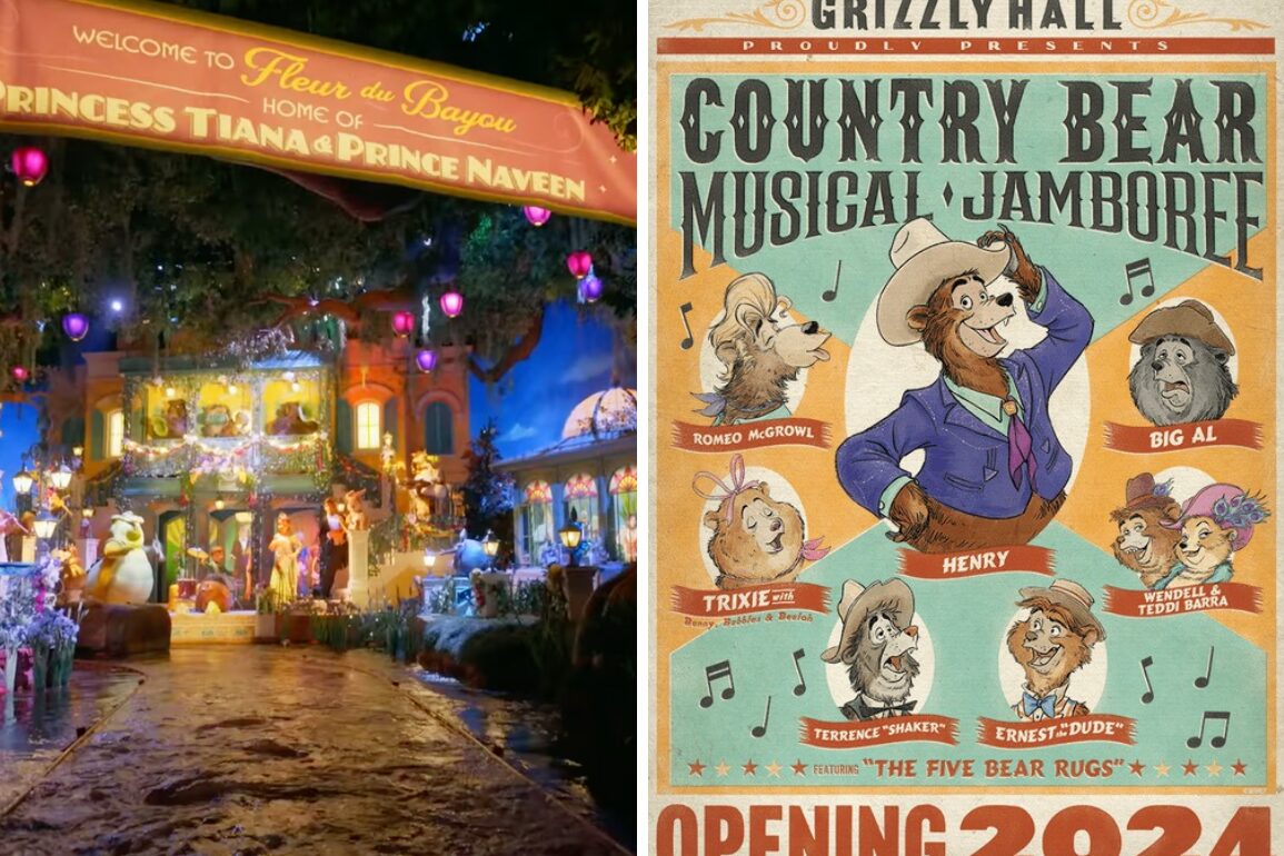 A brightly lit festive scene at "Fleur du Bayou" showcases a poster advertising the "Country Bear Musical Jamboree," featuring animated bear characters, set to open in 2022. In this charming venue, fans eagerly await Tiana's Bayou Adventure while enjoying the daily recap of delightful events.