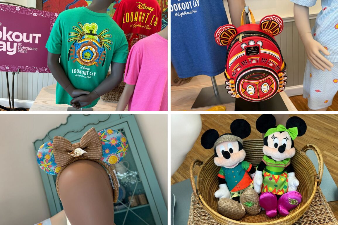 Collage of themed merchandise: t-shirts on mannequins, handbag with traditional artwork, headband, and plush mickey and minnie mouse dolls in a basket.