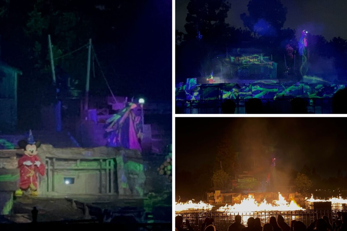A performance stage at night showcasing colorful lights and pyrotechnics. Mickey Mouse, seen in a wizard costume, commands the scene in Disney's Fantasmic. Multiple images capture different parts of the stage with fiery displays and special effects.