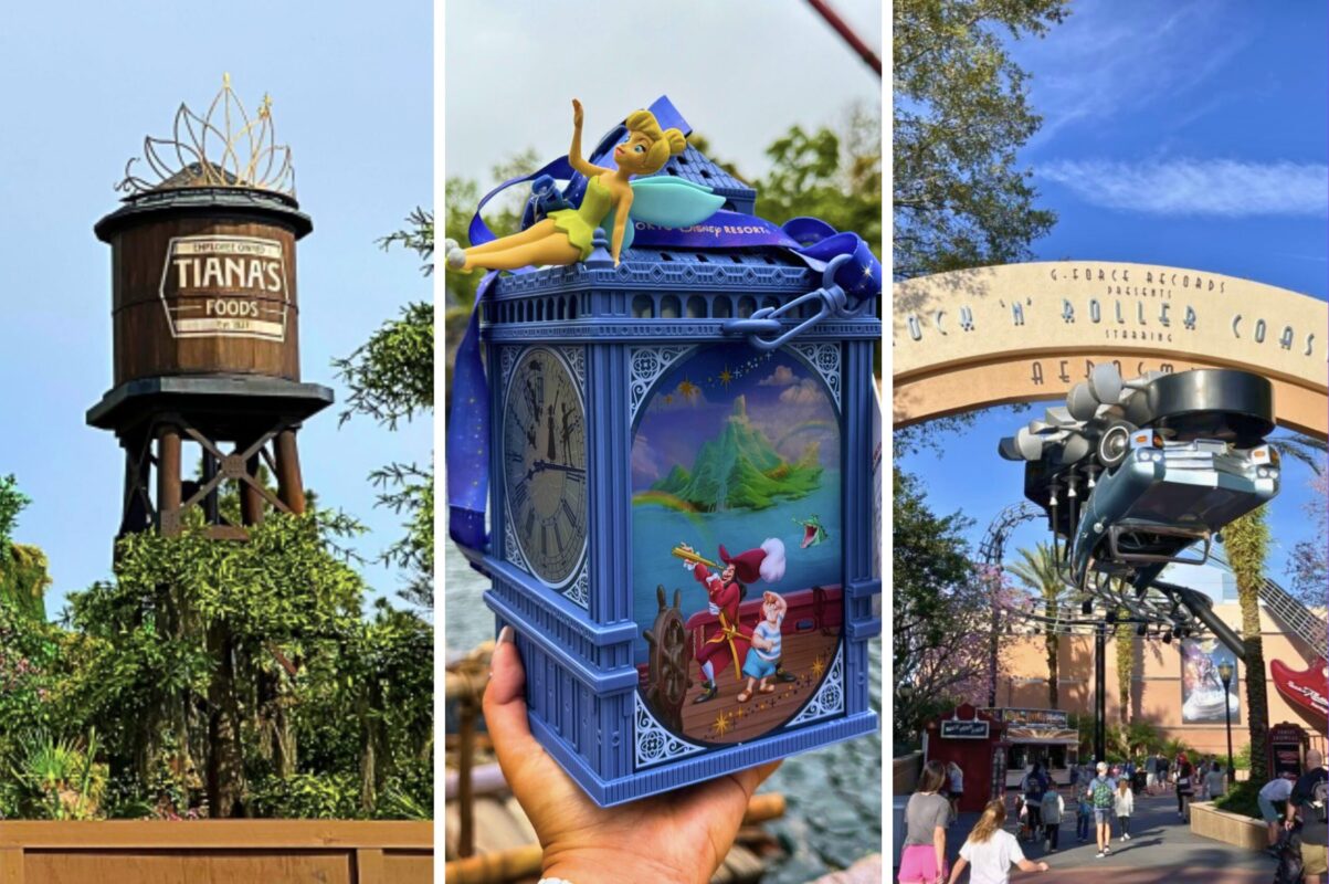 A water tower labeled "Tiana's Foods," a hand holding a Peter Pan-themed popcorn bucket, an entrance archway labeled "Rock 'n' Roller Coaster," and a perfect daily recap of magical moments.