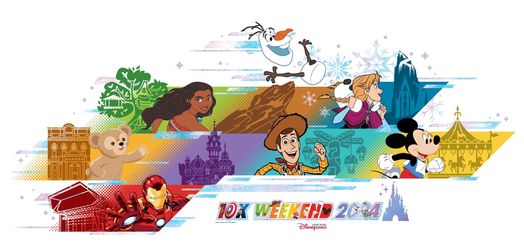 The key art for the Hong Kong Disneyland 10K Weekend 2024, featuring Duffy, Moana, Iron Man, Olaf, Woody, Anna, and Mickey Mouse.