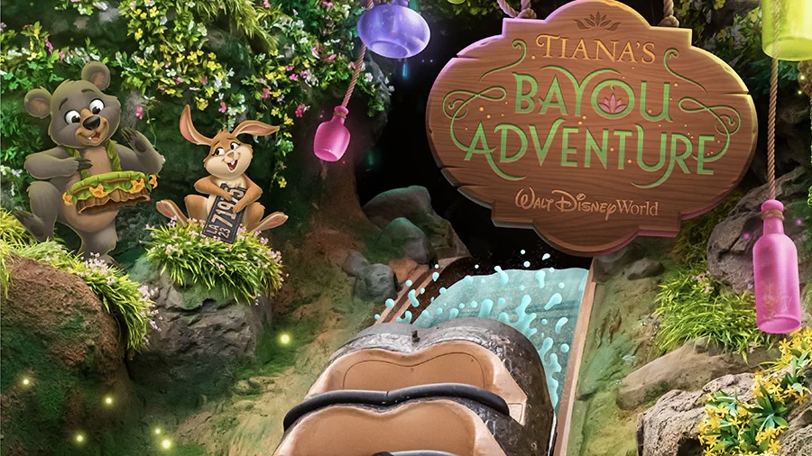 Sign for "Tiana's Bayou Adventure" at Disney World, featuring animated bear and rabbit characters, surrounded by lush greenery and glowing lanterns.