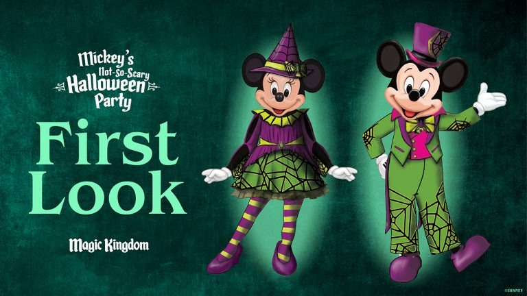 Mickey and minnie mouse dressed in halloween costumes against a dark green background with "first look mickey's not-so-scary halloween party, magic kingdom" text.