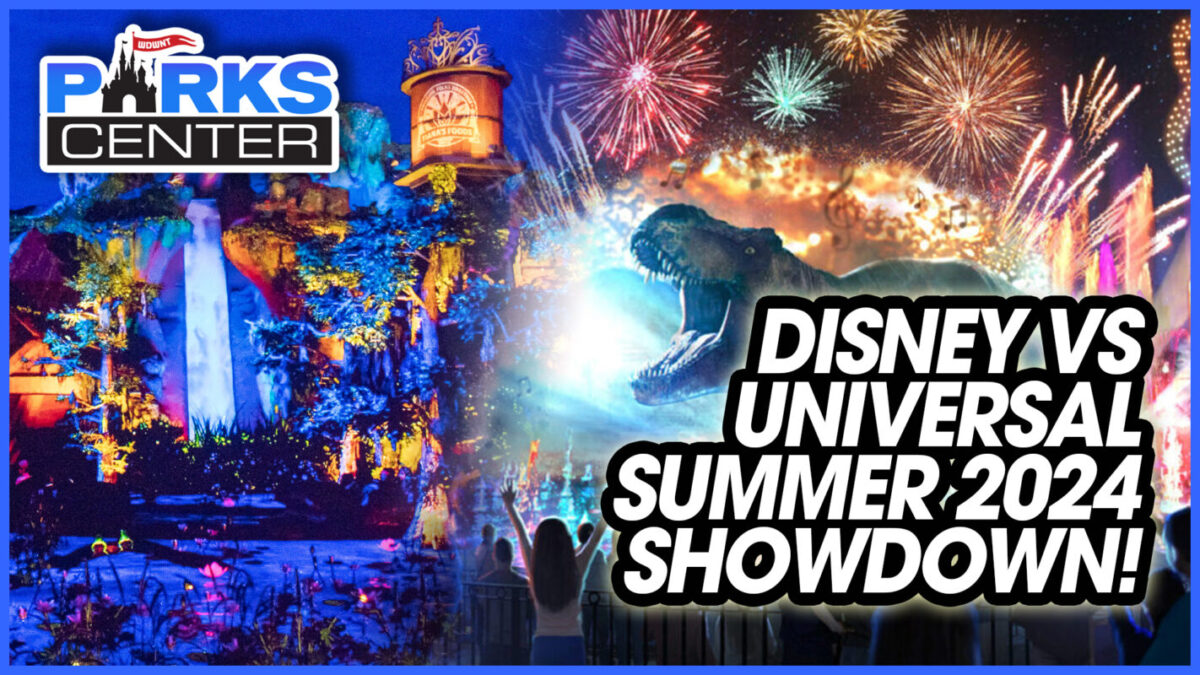 Promotional graphic for the "ParksCenter Disney vs Universal Summer 2024 Showdown" featuring fireworks, a dinosaur, and vibrant park scenes.