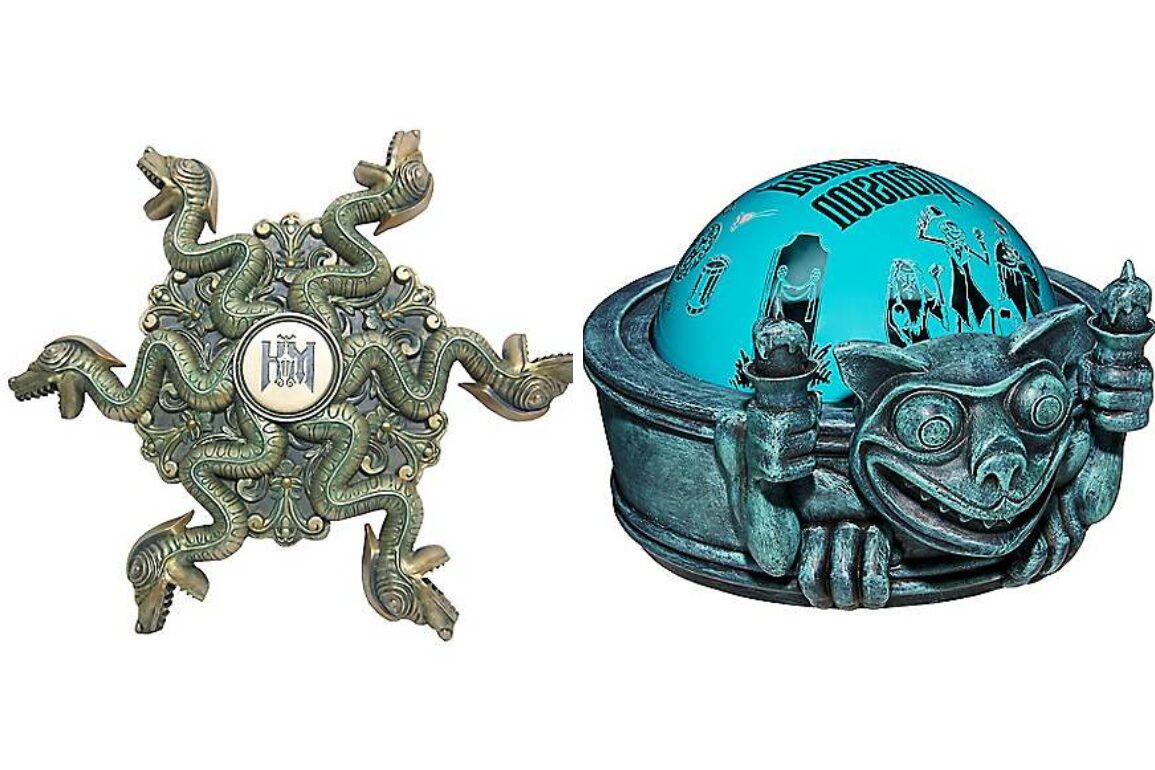 Two ancient greek artifacts: a bronze hydria handle shaped like intertwined snakes and a spherical pyxis decorated with mythological figures.