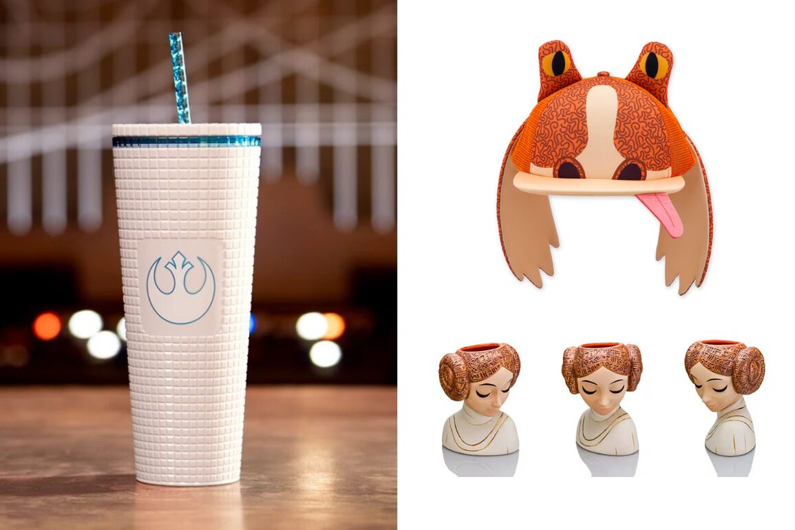 A reusable cup with a straw on a blurred background, and graphics of a frog hat and three identical Star Wars Day figurines of a woman with a bun hairstyle.