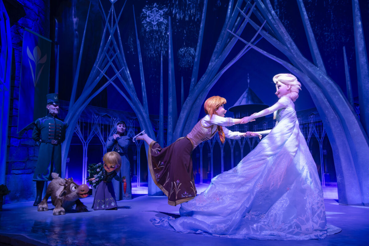 Anna and Elsa audio-animatronics skating in front of an icy, tree-lined backdrop, with children in the foreground.