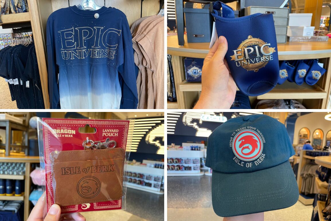 Collage of four images showcasing merchandise: a hanging t-shirt and tote bag with 'epic universe' logo, a 'isle of berk' badge, and a cap with dragon symbol.