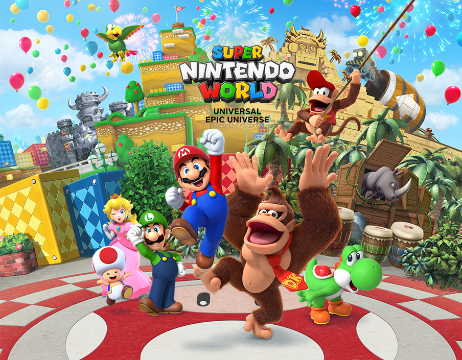 Promotional image for Super Nintendo World at Universal Studios' Epic Universe featuring Mario, Luigi, Peach, Toad, Donkey Kong, and Yoshi in a colorful, game-themed setting.