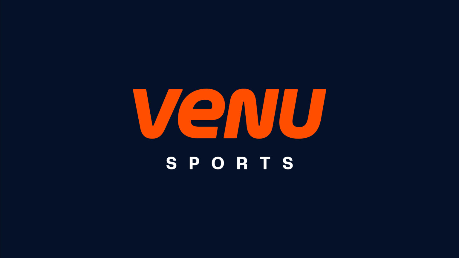 Venu Sports logo features "VENU" in bold orange uppercase letters and "SPORTS" in smaller white uppercase letters beneath it, all set against a dark blue background. Perfectly capturing the essence of sports streaming, the design radiates energy and excitement.