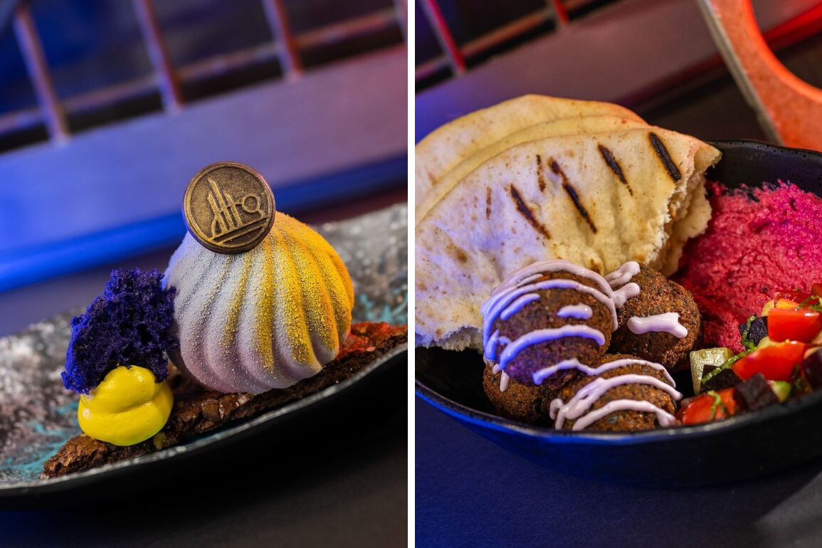 An image of two plated dishes: on the left, a dessert with a yellow and white dome, accompanied by purple and yellow elements; on the right, falafel served with pita bread, pink beet hummus, and a vegetable salad.