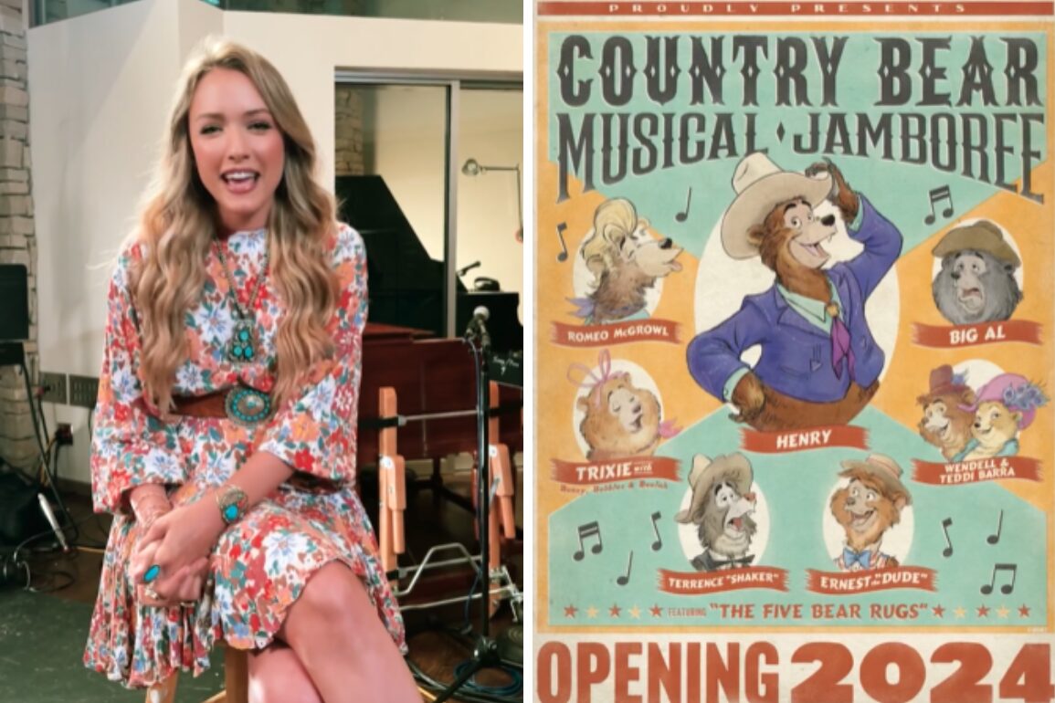 A person in a floral dress sits next to a poster for "Country Bear Musical Jamboree" featuring illustrated bear characters and the text "Opening 2024.