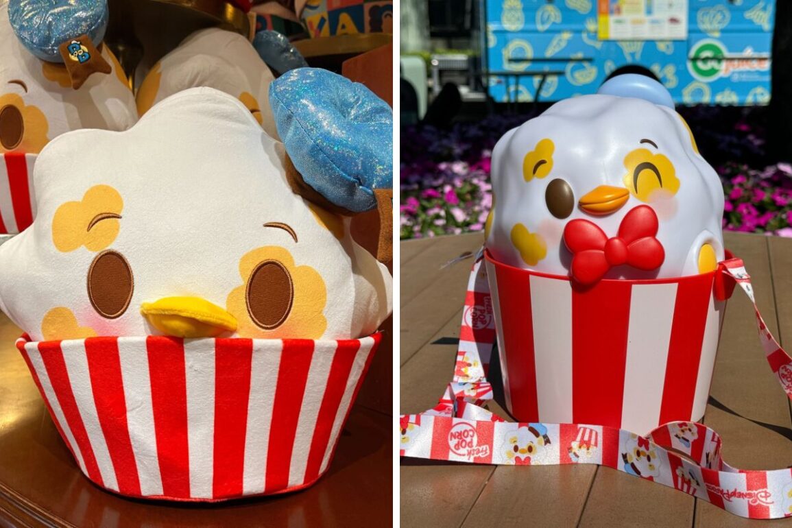 Two side-by-side images of plush toys shaped like cartoon chickens in red and white striped containers. The left toy has a blue bow, while the right one features a red bow and matching strap, reminiscent of a munchling.