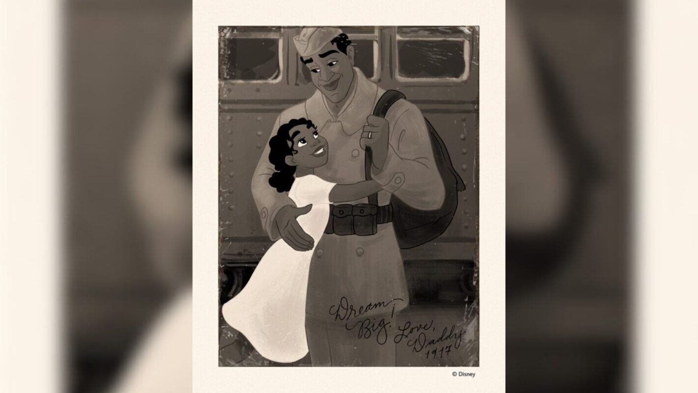Tiana's father, a cartoon soldier in military uniform, embraces a smiling young Tiana in front of a military vehicle. The image is in sepia tone and features a hand-written note.
