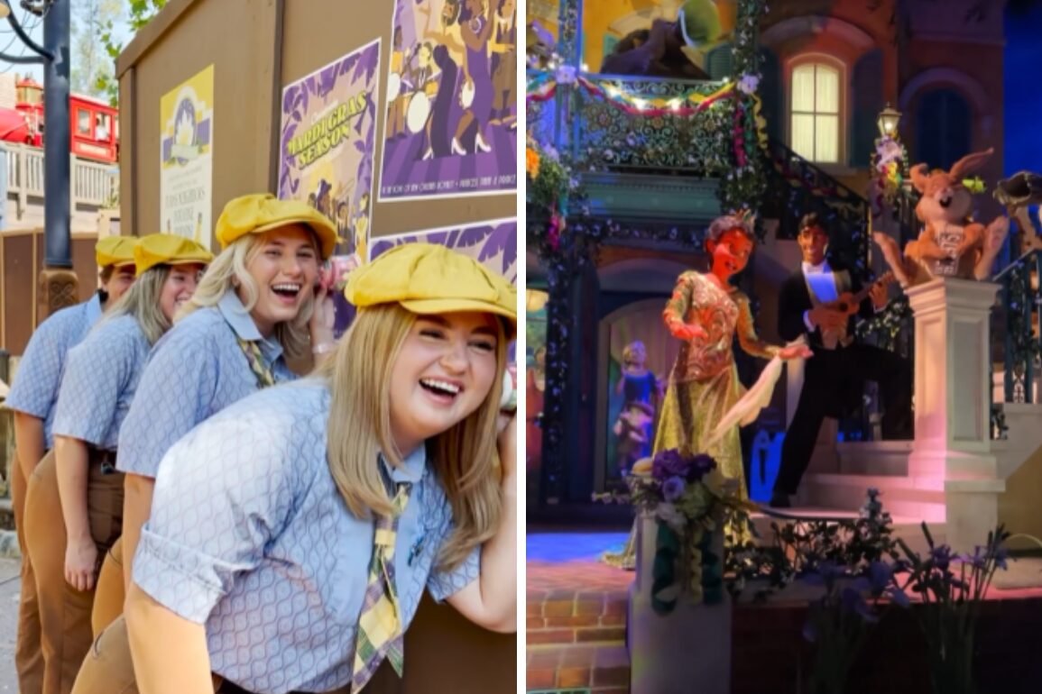 A group of people in matching uniforms smile next to posters. In another scene, costumed characters perform on a decorated stage with floral elements.