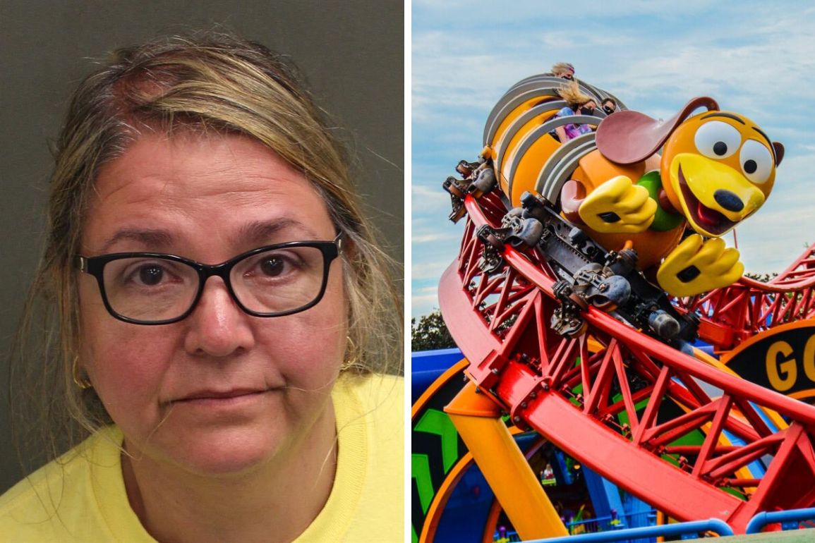 A woman with glasses and blond hair is on the left. On the right is a photo of the Slinky Dog Dash roller coaster at Disney's Hollywood Studios.