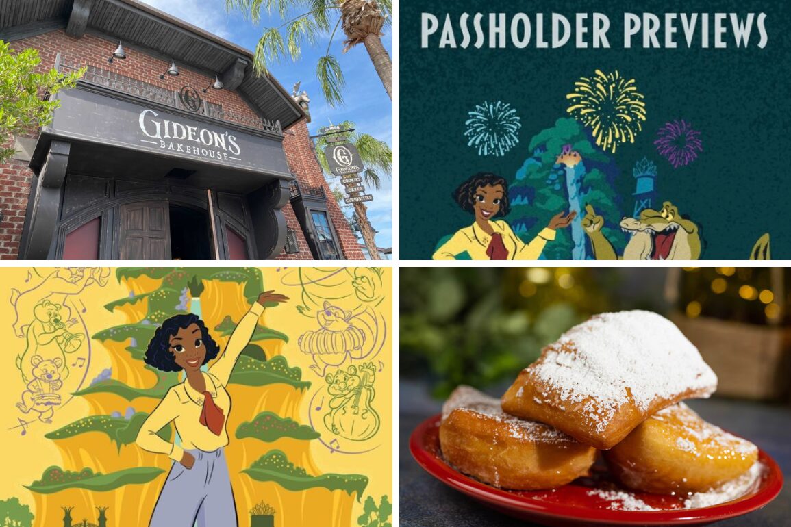 A collage featuring Gideon's Bakehouse exterior, a "Passholder Previews" sign, a woman against a yellow backdrop with illustrations, and powdered sugar-dusted pastries on a plate—perfect for your daily recap.