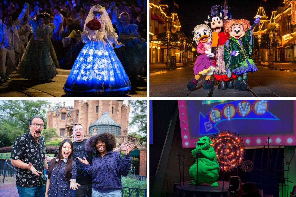 Collage of four images in a daily recap at a theme park featuring a glowing Cinderella dress, Mickey and Minnie in holiday attire, joyful visitors, and a villain DJ with neon lighting.