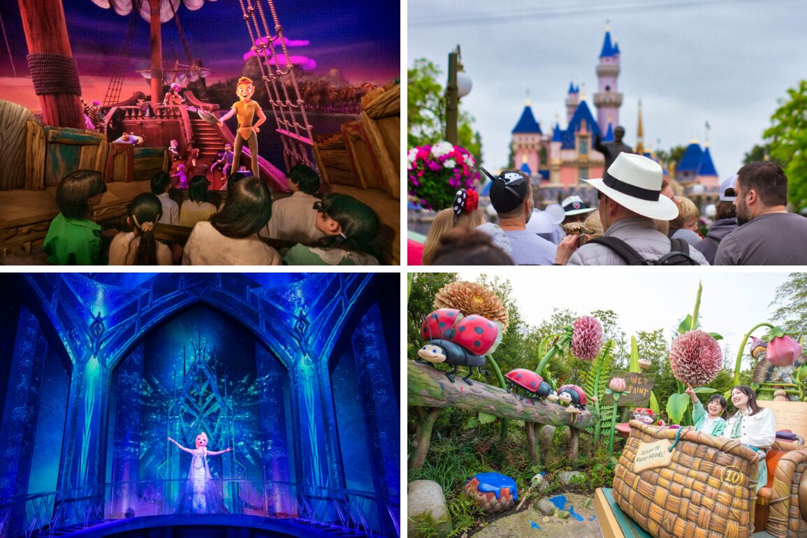 Collage of four theme park scenes: a pirate ship show, a castle viewed from a crowd, a magical forest performance, and children on a float ride in the daily recap.