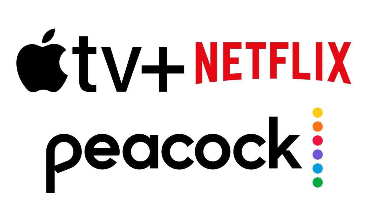 Logos of Apple TV+, Netflix, and Peacock displayed in a row, each styled with their respective brands' colors and designs.