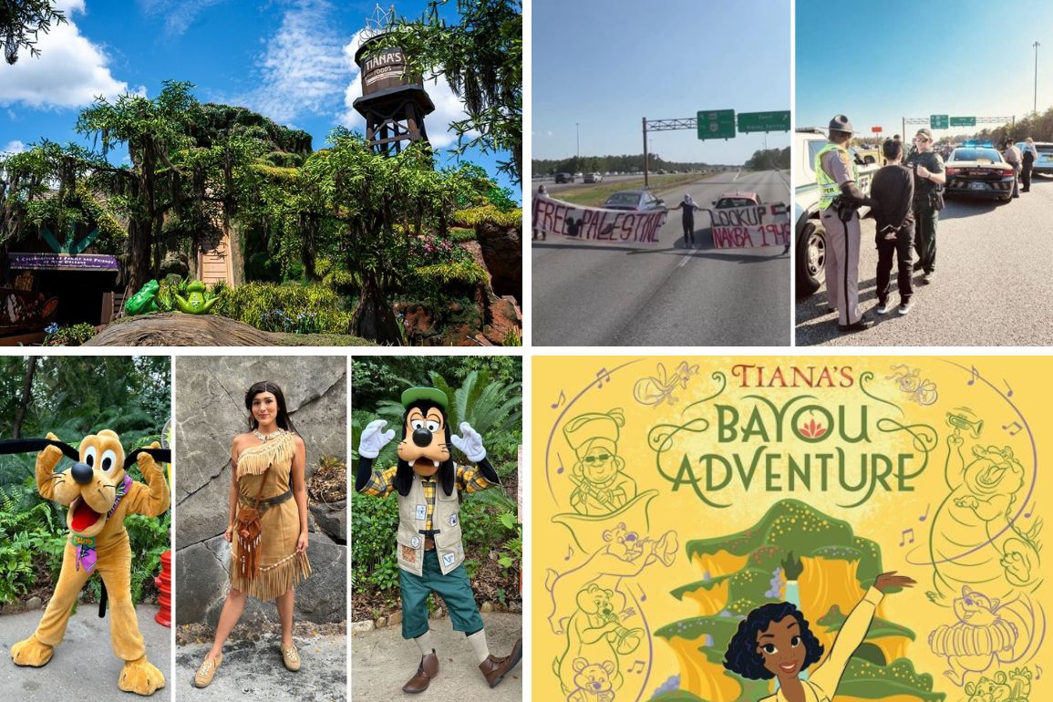 Collage of four images: a lush jungle with a hanging sign, protesters holding a banner on a highway, costumed characters from a theme park, and an illustrated poster for "Tiana's Bayou Adventure" daily recap.