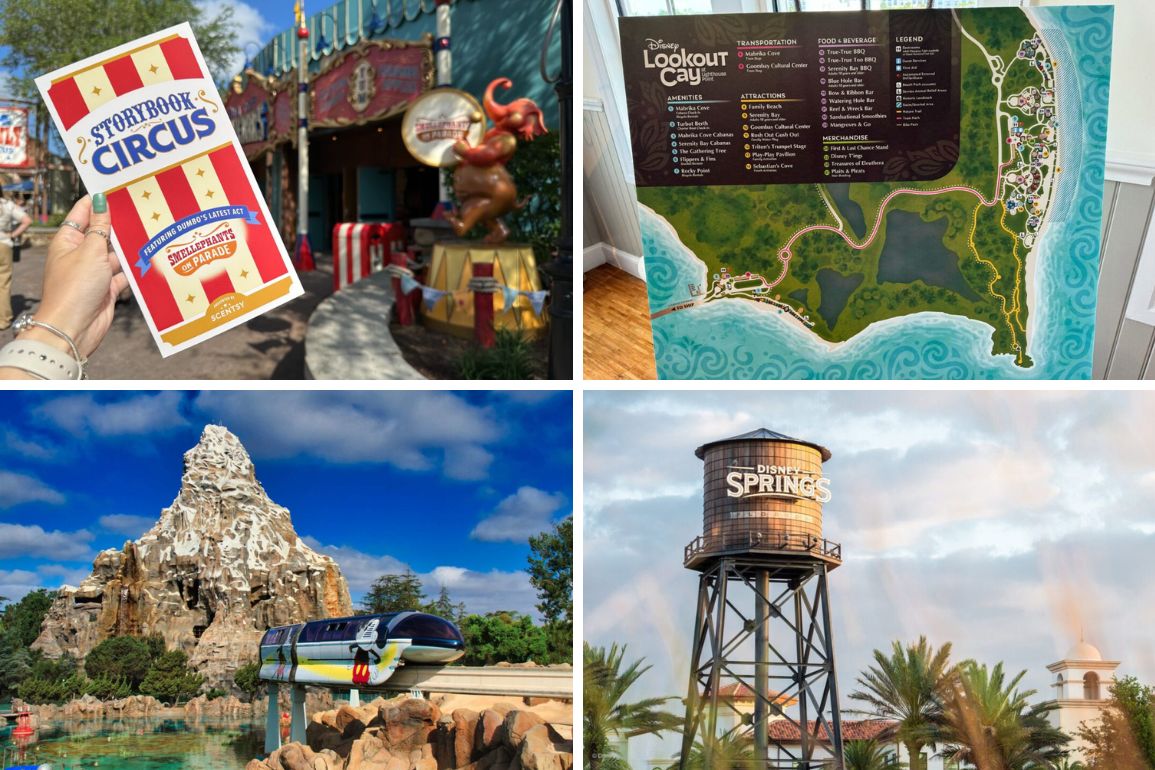 Collage of theme park images for a daily recap: a person holding a circus-themed snacks menu, an entrance to a circus tent, a park map, a themed mountain with a monorail,