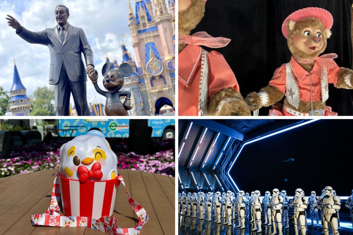 A daily recap collage includes four intriguing images: a statue of a man and a mouse, two bear characters in western attire, a cup of popcorn with a clown face, and a line of stormtroopers in a futuristic setting.