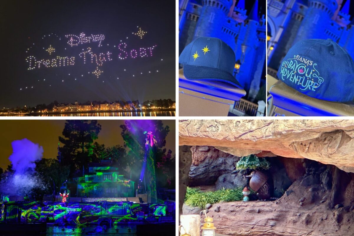 A daily recap collage features a lighted drone display of "Disney Dreams Take Flight," two themed hats adorned with "Disney Adventures" text, a colorful stage performance, and a cave-like diorama housing a small character.