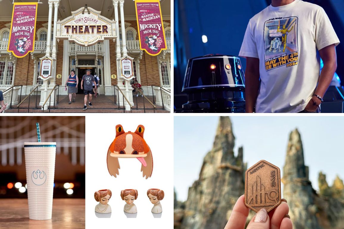 Collage of four images: 1. people in front of a Mickey Mouse theater, 2. person wearing a Star Wars t-shirt, 3. cartoon frog and tumbler cup,