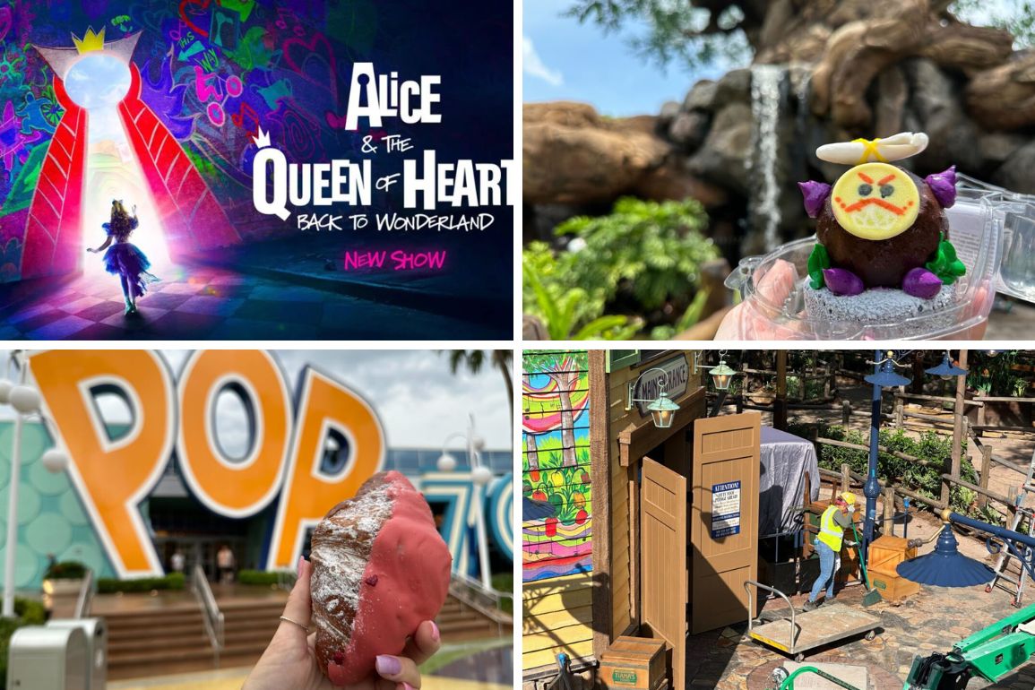 A collage of four Disney World images: an "Alice & The Queen of Hearts" show poster, a colorful treat, a hand holding a red-dipped Mickey-shaped delight, and a theme park scene with workmen—a perfect daily recap!